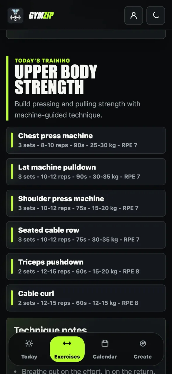 GymZip Exercises screen