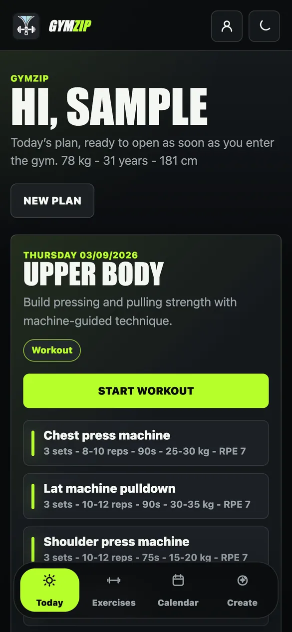 GymZip Today screen